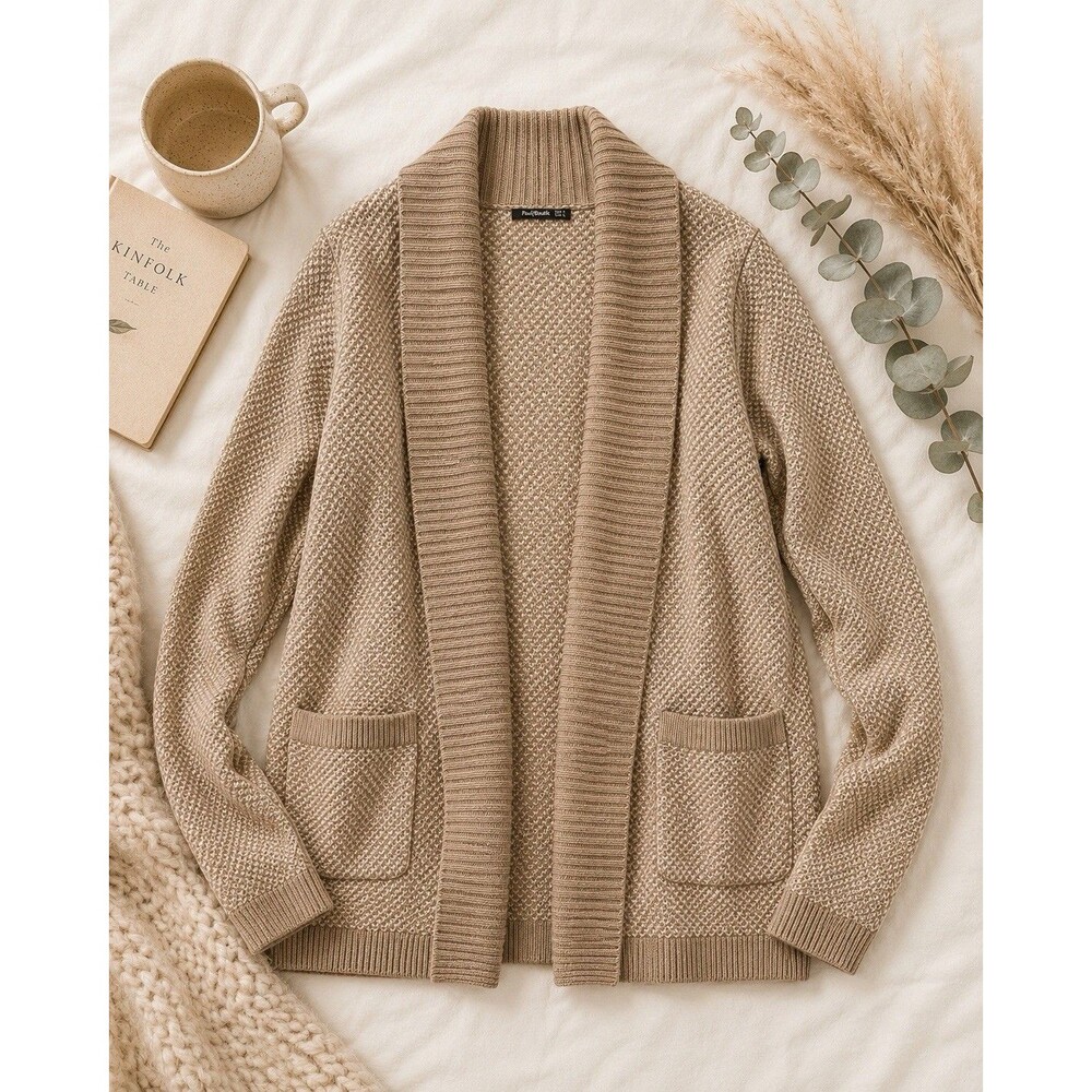 PattyBoutik Women’s Large Beige Taupe Open Front Knit Cardigan Sweater Pockets